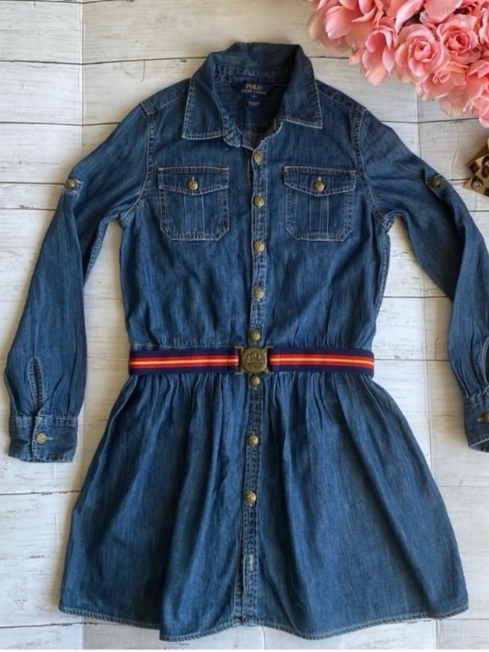 POLO BY RALPH LAUREN Girls' Blue Denim Shirt Dress with Stripe Belt